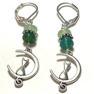 Cat On The Silver Moon Earrings with Green Accents